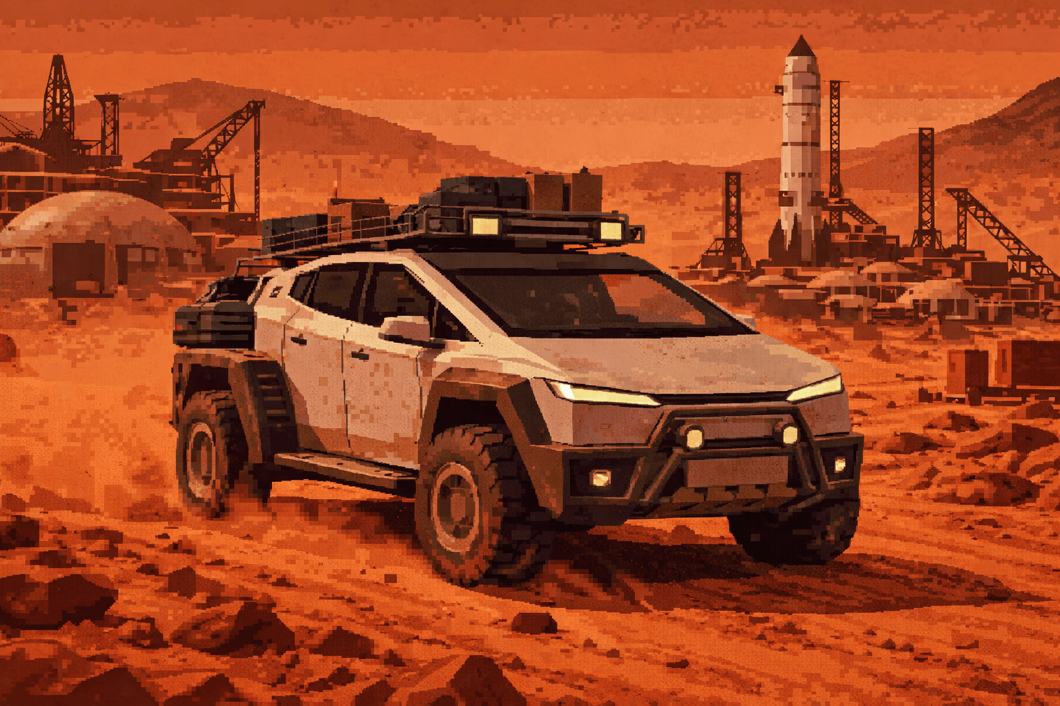 Cybertruck on Mars in retro graphics
